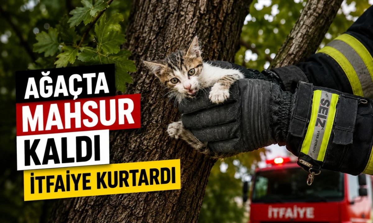 D&uuml;zce'de Ağa&ccedil;ta Mahsur Kalan Yavru Kedi İtfaiye Tarafından Kurtarıldı