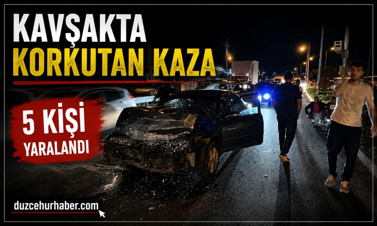 D&uuml;zce&rsquo;de Gece Yarısı Korkutan Kaza: Kavşakta İki Otomobil &Ccedil;arpıştı, 5 Yaralı