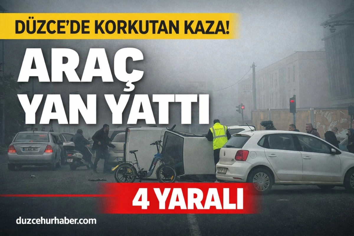 &ldquo;D&uuml;zce&rsquo;de Kavşakta Feci Kaza: Otomobil Devrildi, 4 Kişi Yaralandı&rdquo;
