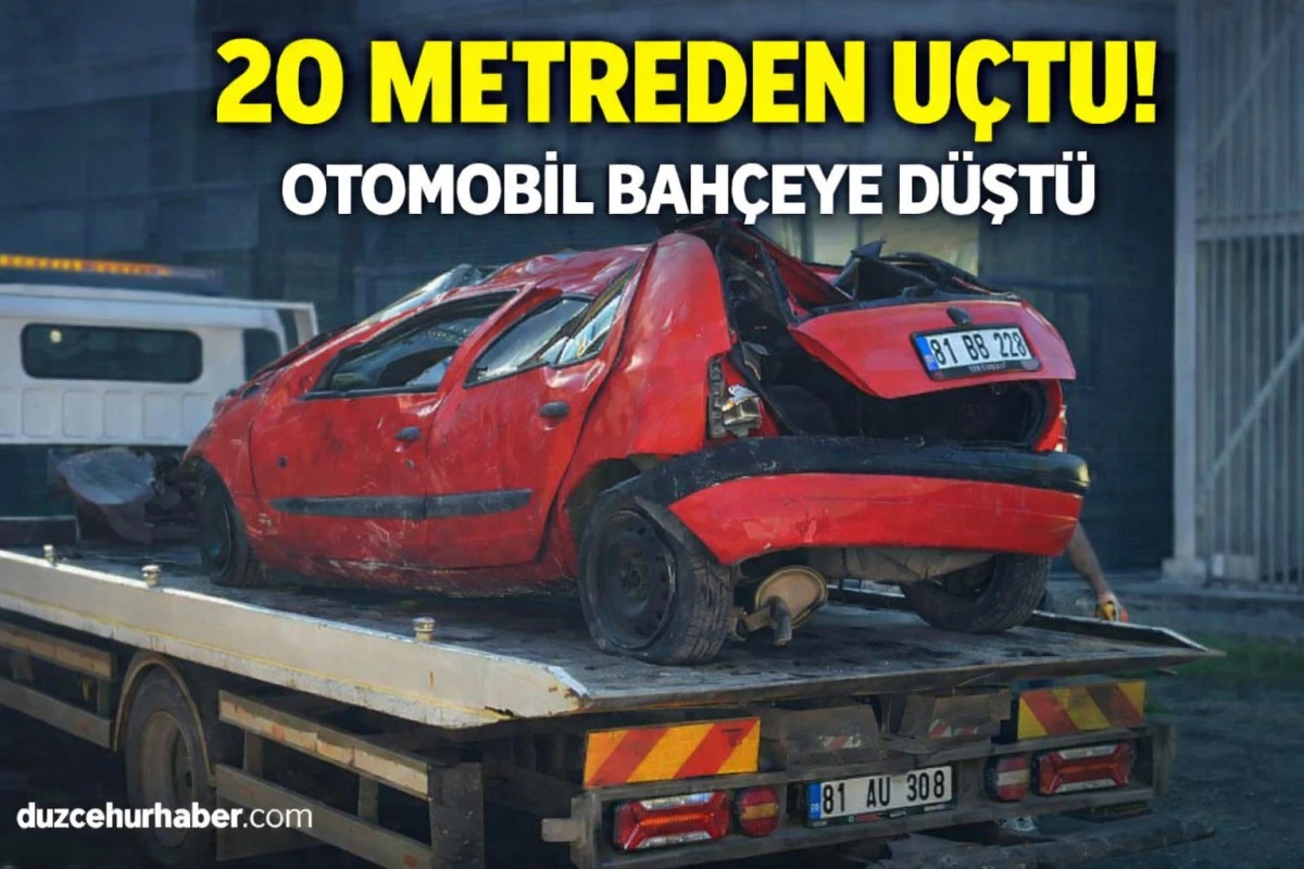 D&uuml;zce&rsquo;de korku dolu kaza: otomobil 20 metreden bah&ccedil;eye u&ccedil;tu