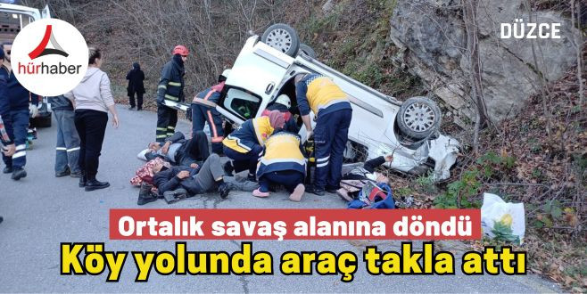 Köy yolunda virajı alamayan araç takla attı 